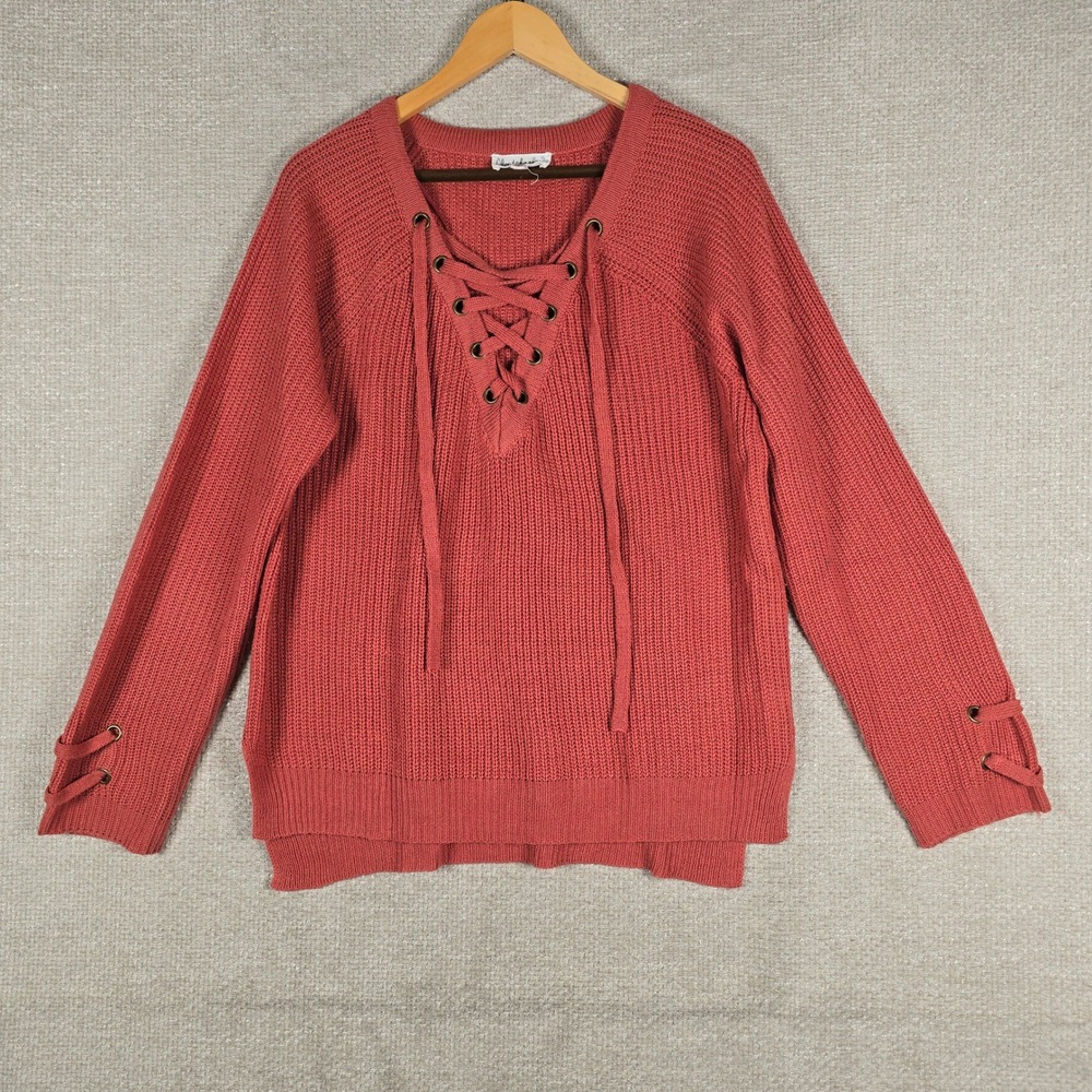 Cloud Chaser Womens XXL Terracotta Rust Lace Up V-Neck Shaker Knit Sweater